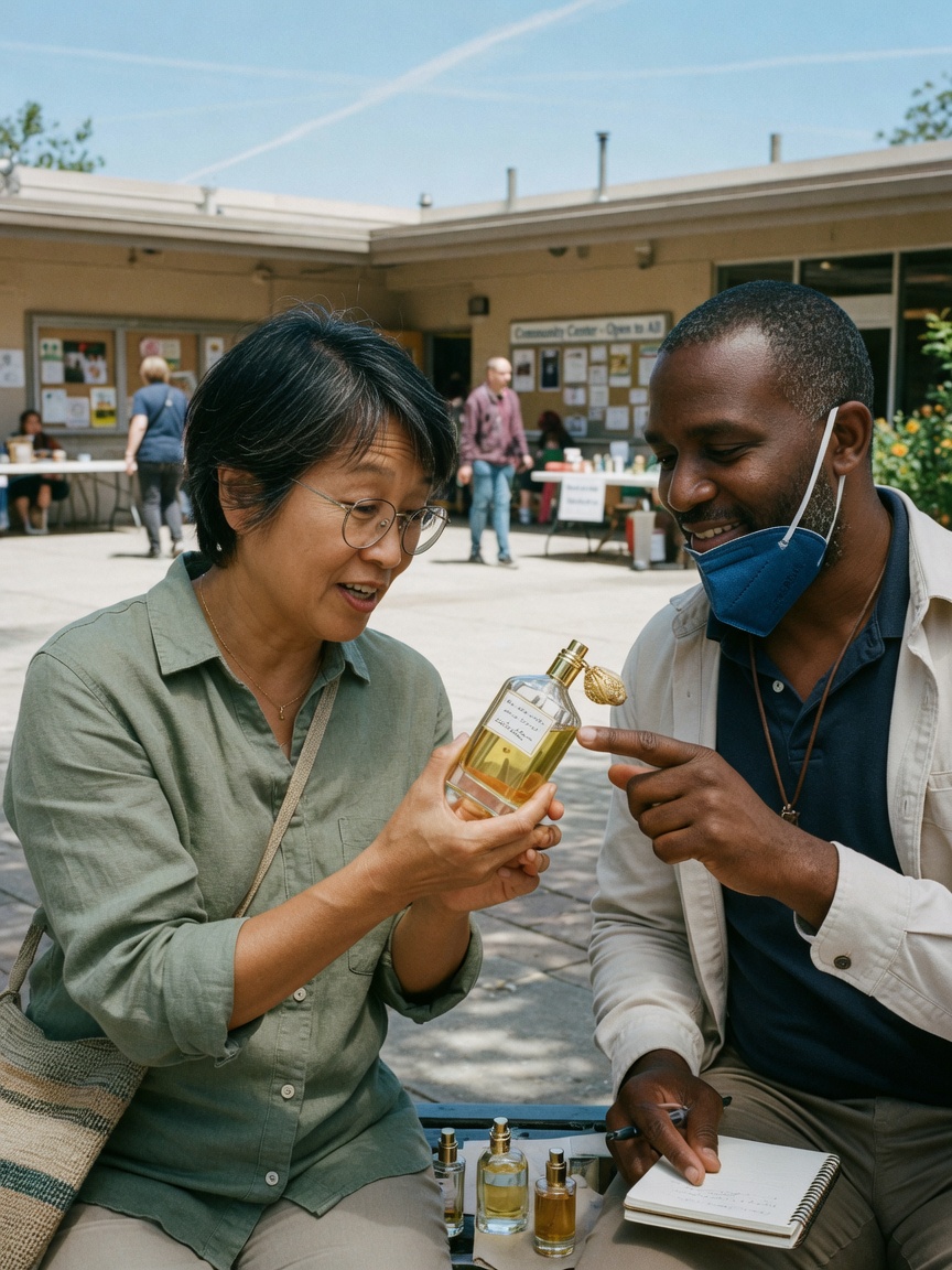 Buyers and sellers safely inspecting fragrances during a meetup